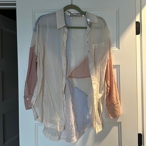 Free People Sheer Pastel Rainbow Button Down Shirt